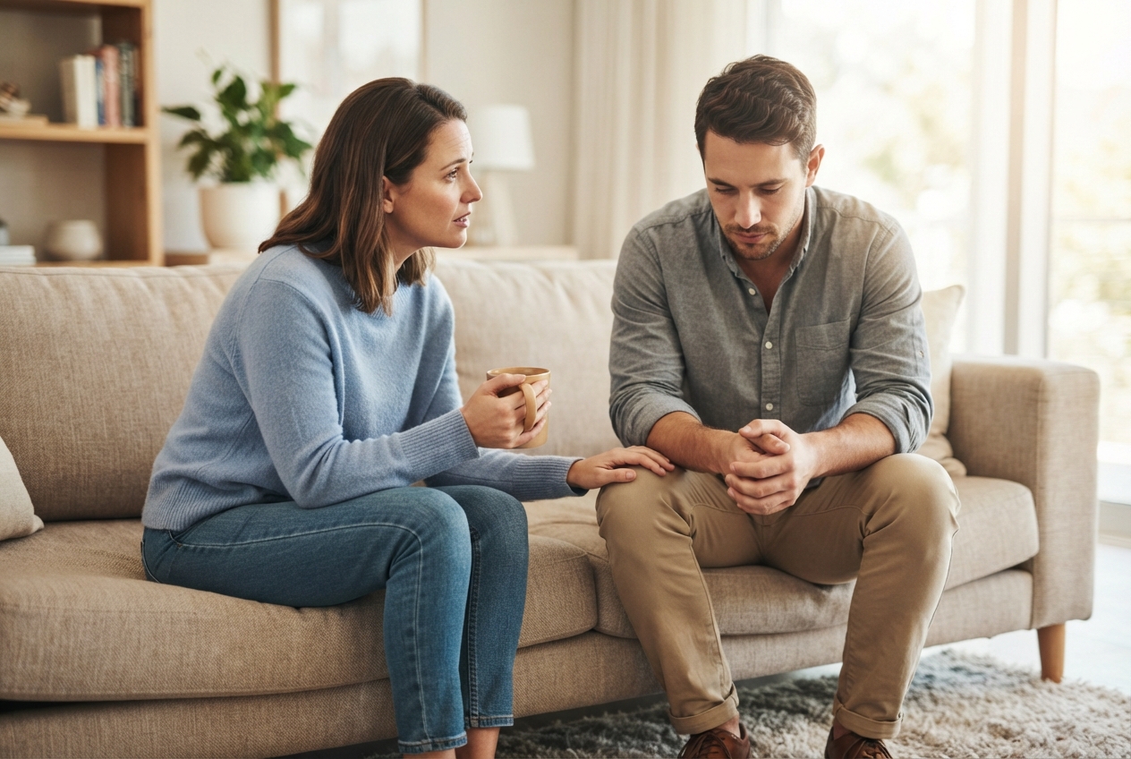 A woman gently rests her hand on her partner's shoulder as he looks down, seated together on a couch at home